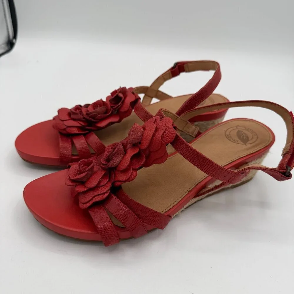 Nurture by Lamaze red leather espadrille wedge sandals 7.5M rosettes T-strap